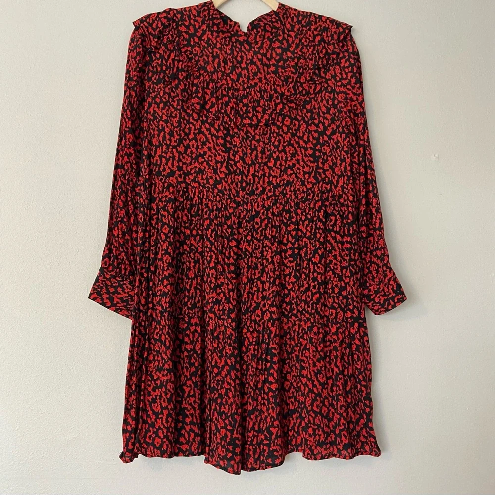 NWOT Zara Red and Black Leopard Animal Print Ruffle Neck Dress